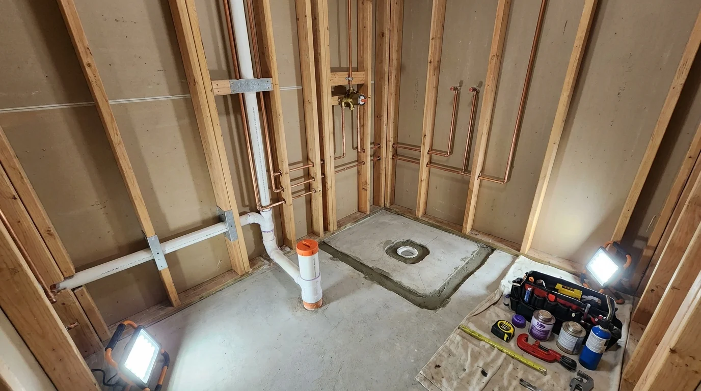 Bathroom rough-in plumbing during remodel by Johns Plumbing LLC in Adel