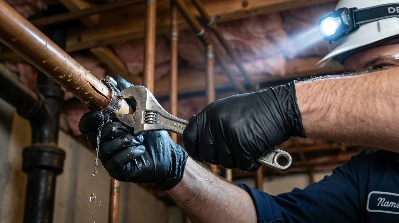 Emergency pipe clamp repair being performed by a Johns Plumbing LLC plumber in Adel