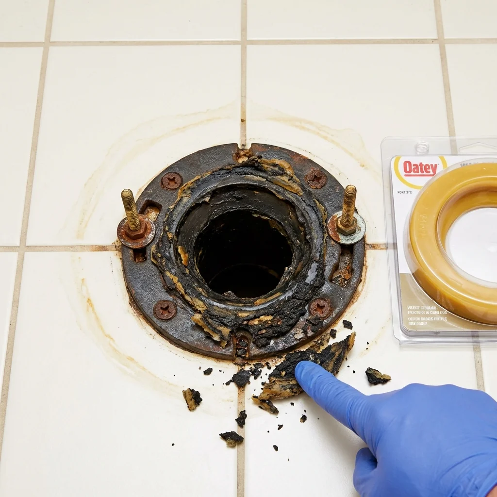 Failed wax ring showing water seepage at the base of a toilet in a Adel, GA home