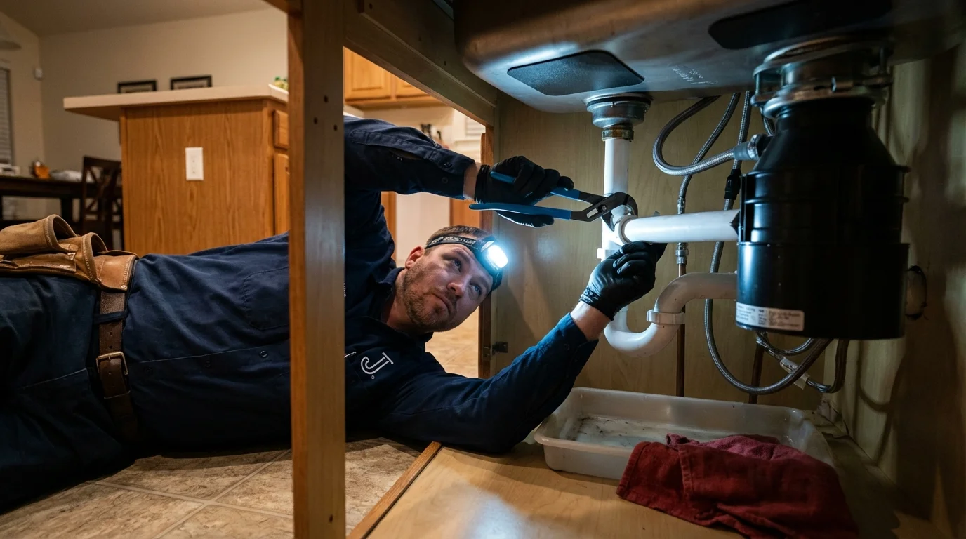 P-trap and supply line connections under a kitchen sink showing a common leak point in Adel, GA
